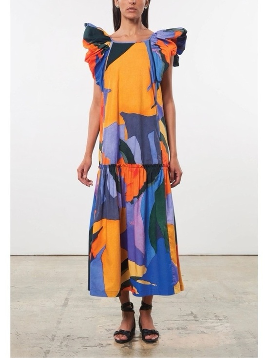 Mara Hoffman Dresses & Skirts - Mara Hoffman Bold Colorblock Flutter-Sleeve Maxi Dress in Yellow, Blue & Orange
